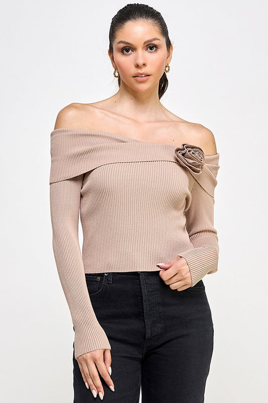 OFF SHOULDER SWEATER TOP WITH ROSE | TAUPE