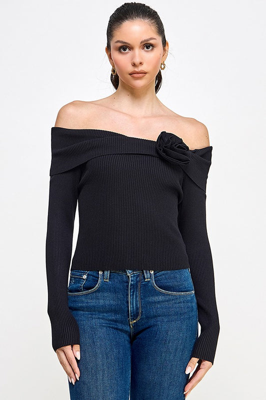 OFF SHOULDER SWEATER TOP WITH ROSE | Black