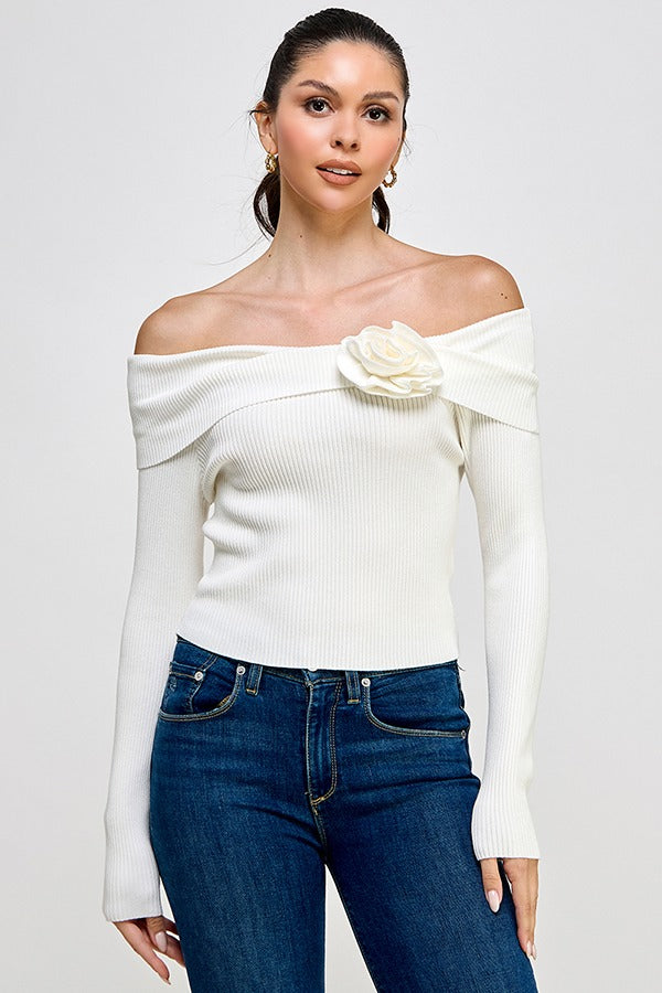 OFF SHOULDER SWEATER TOP WITH ROSE | Ivory