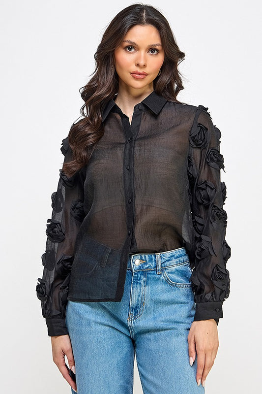 LSLV BUTTON DOWN TOP W/ 3D ROSE FABRIC | Black