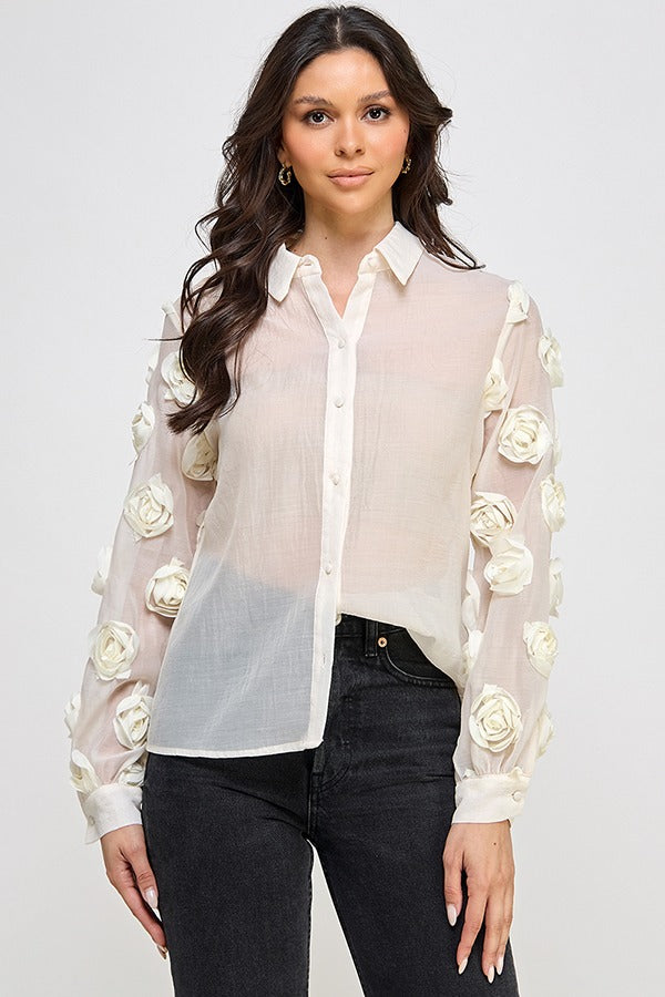 LSLV BUTTON DOWN TOP W/ 3D ROSE FABRIC | Ivory