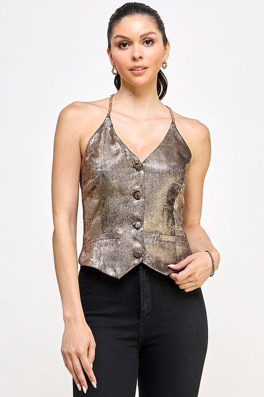 HALTER VEST TOP WITH CHAIN DETAIL | BRONZE