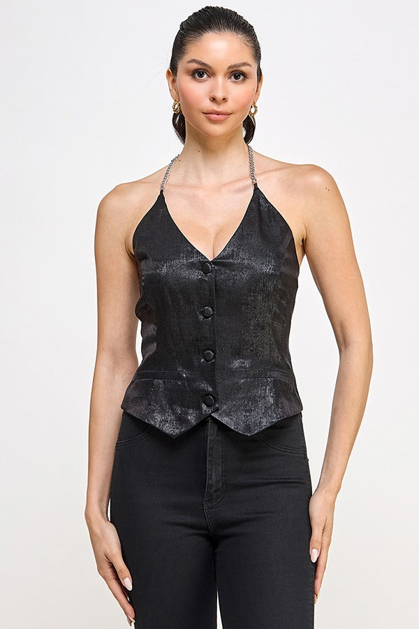 HALTER VEST TOP WITH CHAIN DETAIL | Black