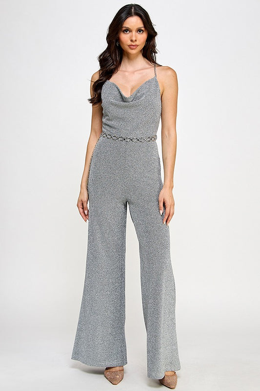 GLITTERY GOLD CHAIN STRAP W/BELT DETAIL JUMPSUIT |Color Silver