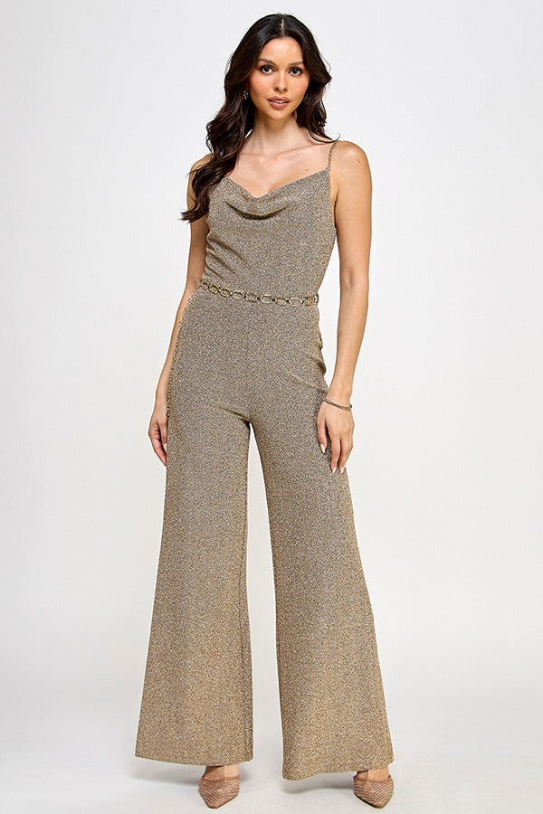 GLITTERY GOLD CHAIN STRAP W/BELT DETAIL JUMPSUIT |Color Gold