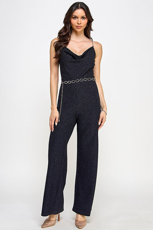 GLITTERY GOLD CHAIN STRAP W/BELT DETAIL JUMPSUIT |Color Navy