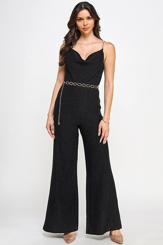 GLITTERY GOLD CHAIN STRAP W/BELT DETAIL JUMPSUIT |Color BK