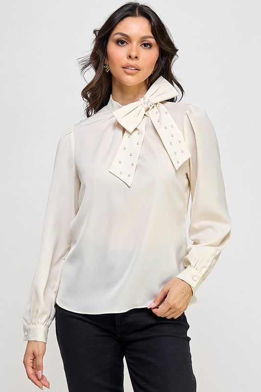 PEARL DETAIL BOW LSLV FITTED TOP | Color Ivory