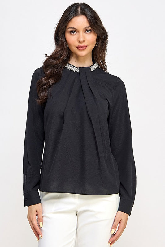 LSLV MOCK NECK TOP W/ TRIM DETAIL COLOR BK