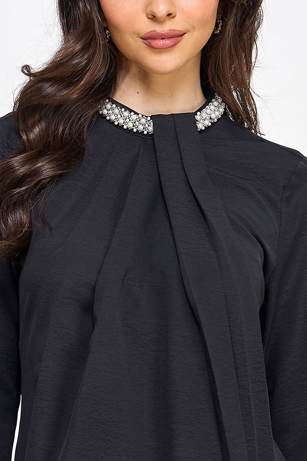 LSLV MOCK NECK TOP W/ TRIM DETAIL COLOR BK