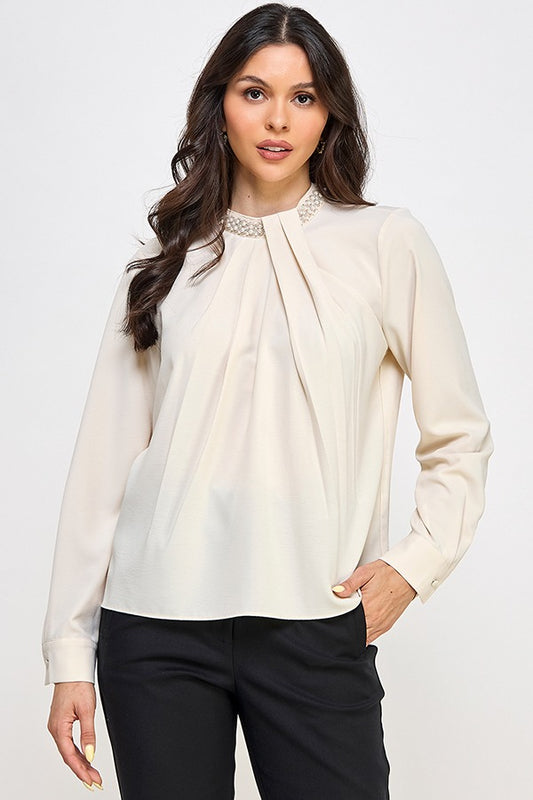 LSLV MOCK NECK TOP W/ TRIM DETAIL | COLOR CHAMPAGNE