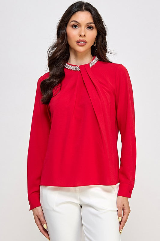 LSLV MOCK NECK TOP W/ TRIM DETAIL | COLOR RED