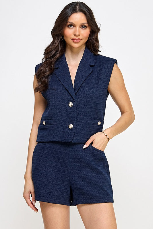 STRUCTURED VEST AND SHORT SET | COLOR NAVY