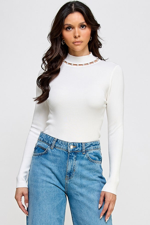 PEARL MOCK LONG SLEEVE SWEATER TOP