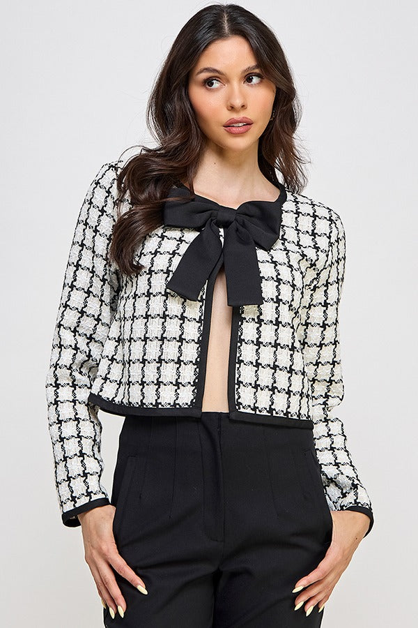 CONTRAST BOW TWEED CROP JACKET