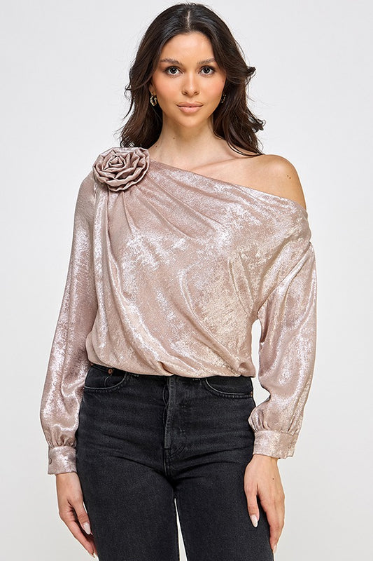 FLOWER CORSAGE ASYMMETRICAL NECK DRAPED TOP