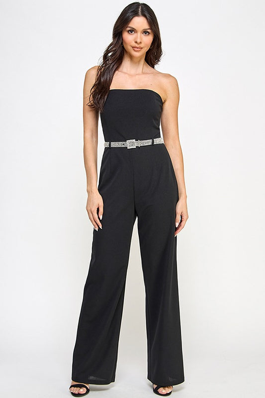 STRAPLESS JUMPSUIT W/ RHINE STONE BELT | Color Black