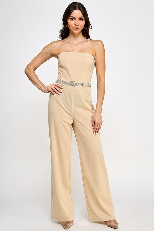 STRAPLESS JUMPSUIT W/ RHINE STONE BELT | Color Taupe