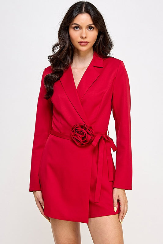 LSLV BLAZER ROMPER W/ FLOWER CORSAGE WAIST TIE | RED