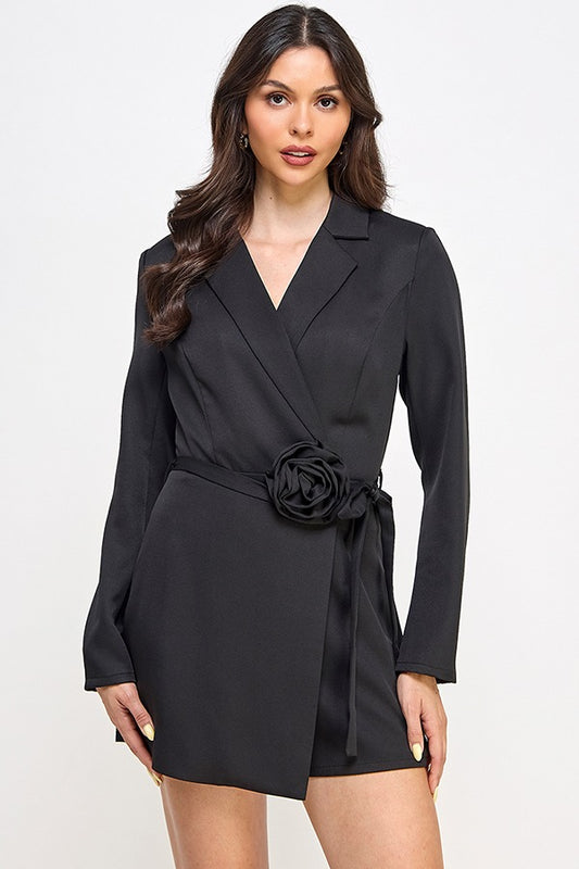 LSLV BLAZER ROMPER W/ FLOWER CORSAGE WAIST TIE | BLACK