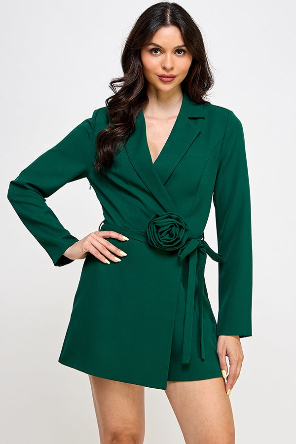 LSLV BLAZER ROMPER W/ FLOWER CORSAGE WAIST TIE | HUNTER GREEN