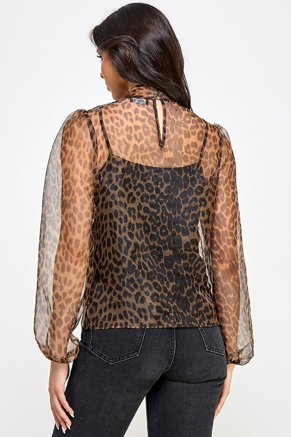 ORGANZA LEOPARD PRINTED LSLV BOW TIE NECK TOP