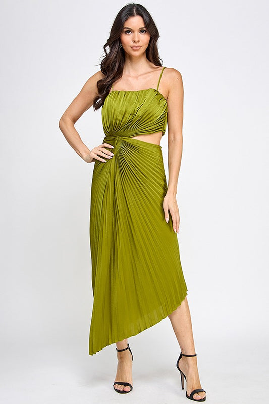 PLEATED TUBE TOP DRESS W/ CUT OUT OLIVE