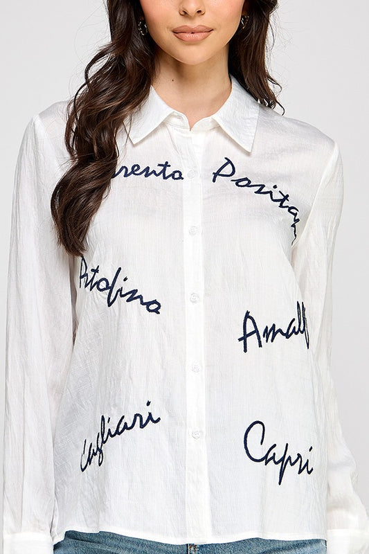 LSLV BUTTON DOWN SHIRT TOP W/ EMBROIDERY, COLOR WHITE