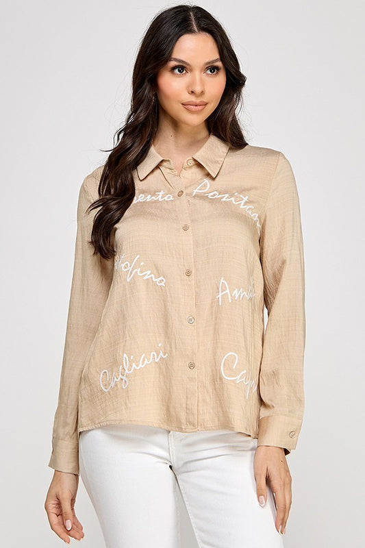 LSLV BUTTON DOWN SHIRT TOP W/ EMBROIDERY TAUPE