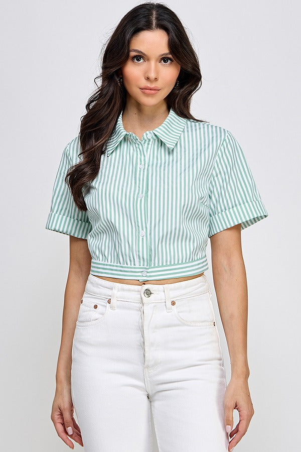 PRINTED SSLV BUTTON DOWN TOP W/ LACE UP DEAIL | Sage Color