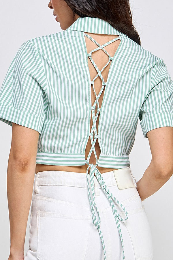 PRINTED SSLV BUTTON DOWN TOP W/ LACE UP DEAIL | Sage Color