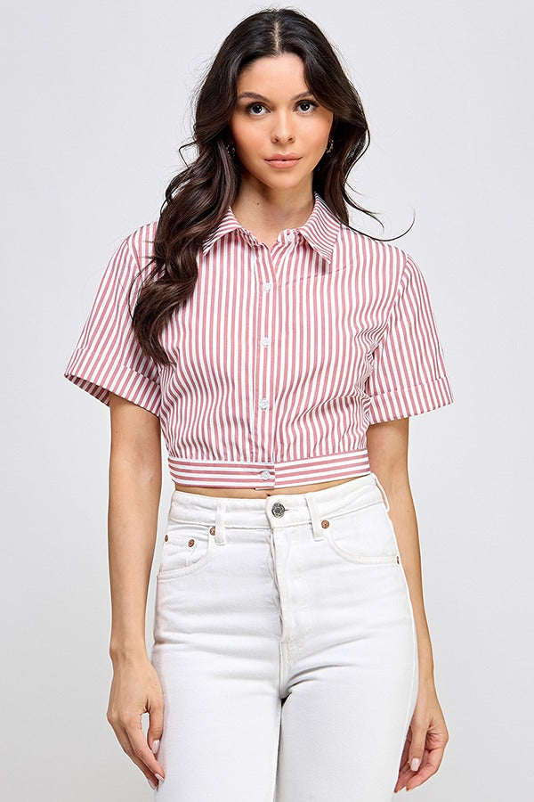 PRINTED SSLV BUTTON DOWN TOP W/ LACE UP DEAIL | Red Color