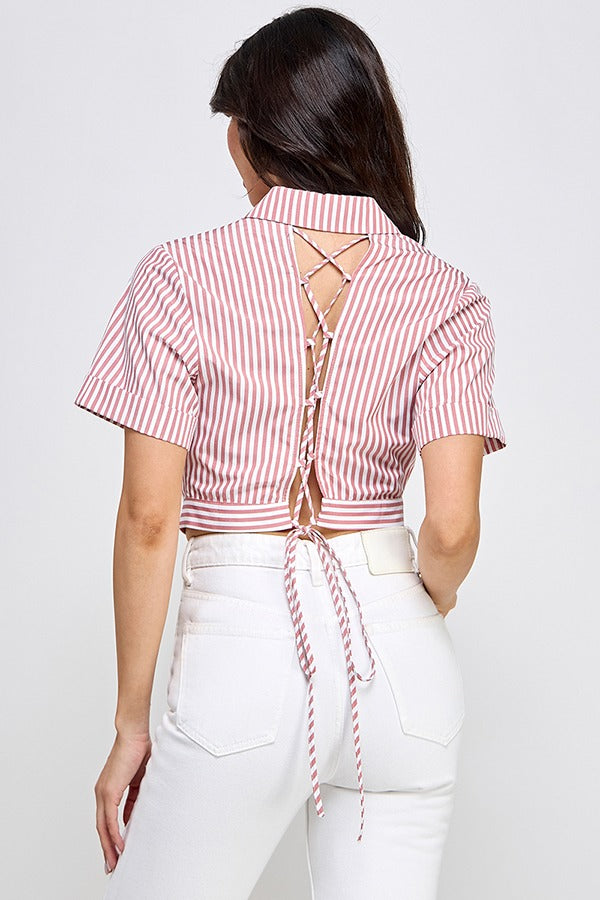 PRINTED SSLV BUTTON DOWN TOP W/ LACE UP DEAIL | Red Color