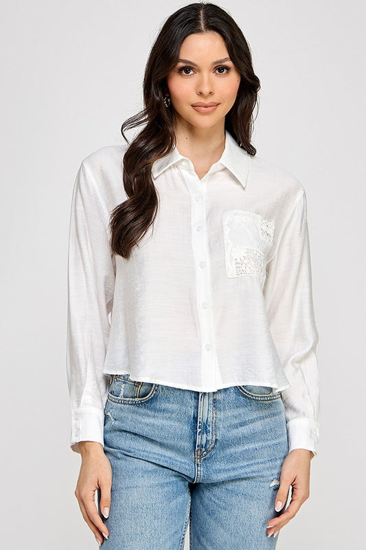 LSLV BUTTON DOWN TOP W/ CONTRAST POCKET DETAI