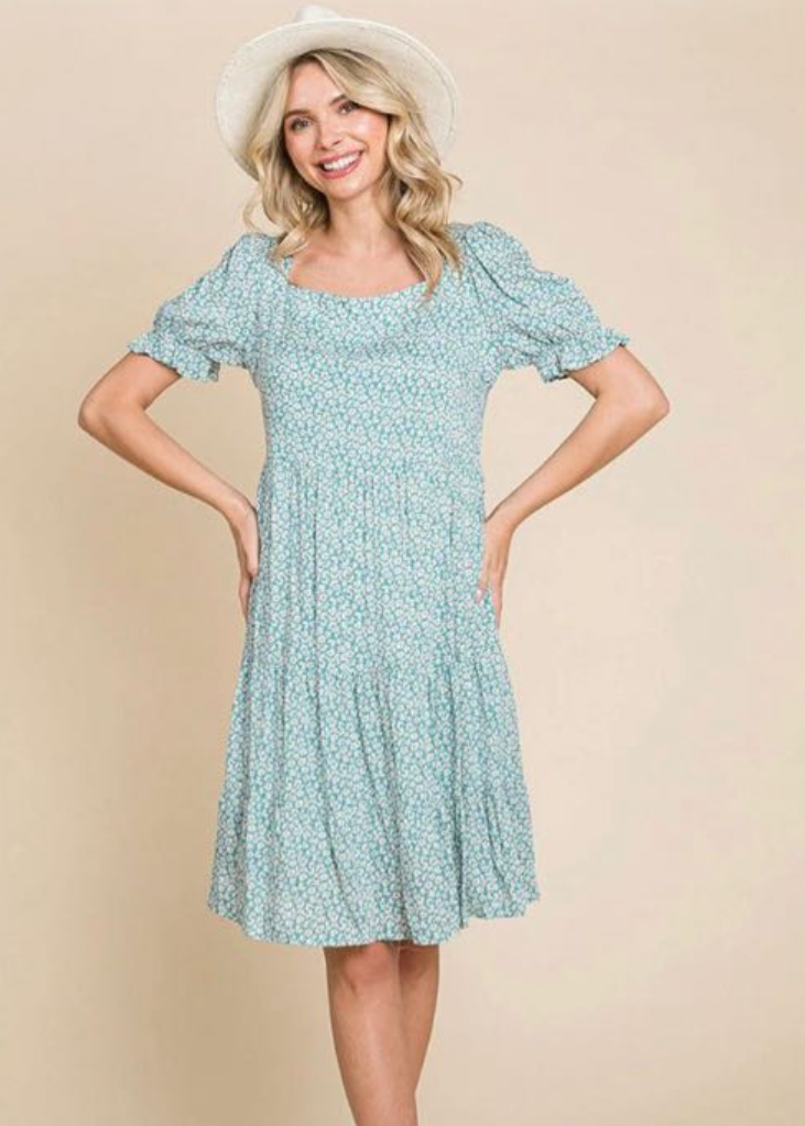 Woman, Short sleeve square neck floral tunic mini dress