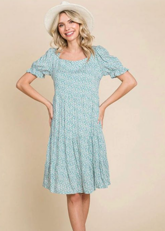 Woman, Short sleeve square neck floral tunic mini dress