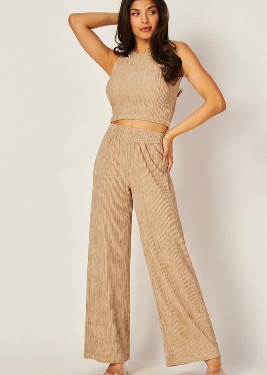 2 PC Set Khaki | Tank Top | Elastic waistband pull on wide leg pants