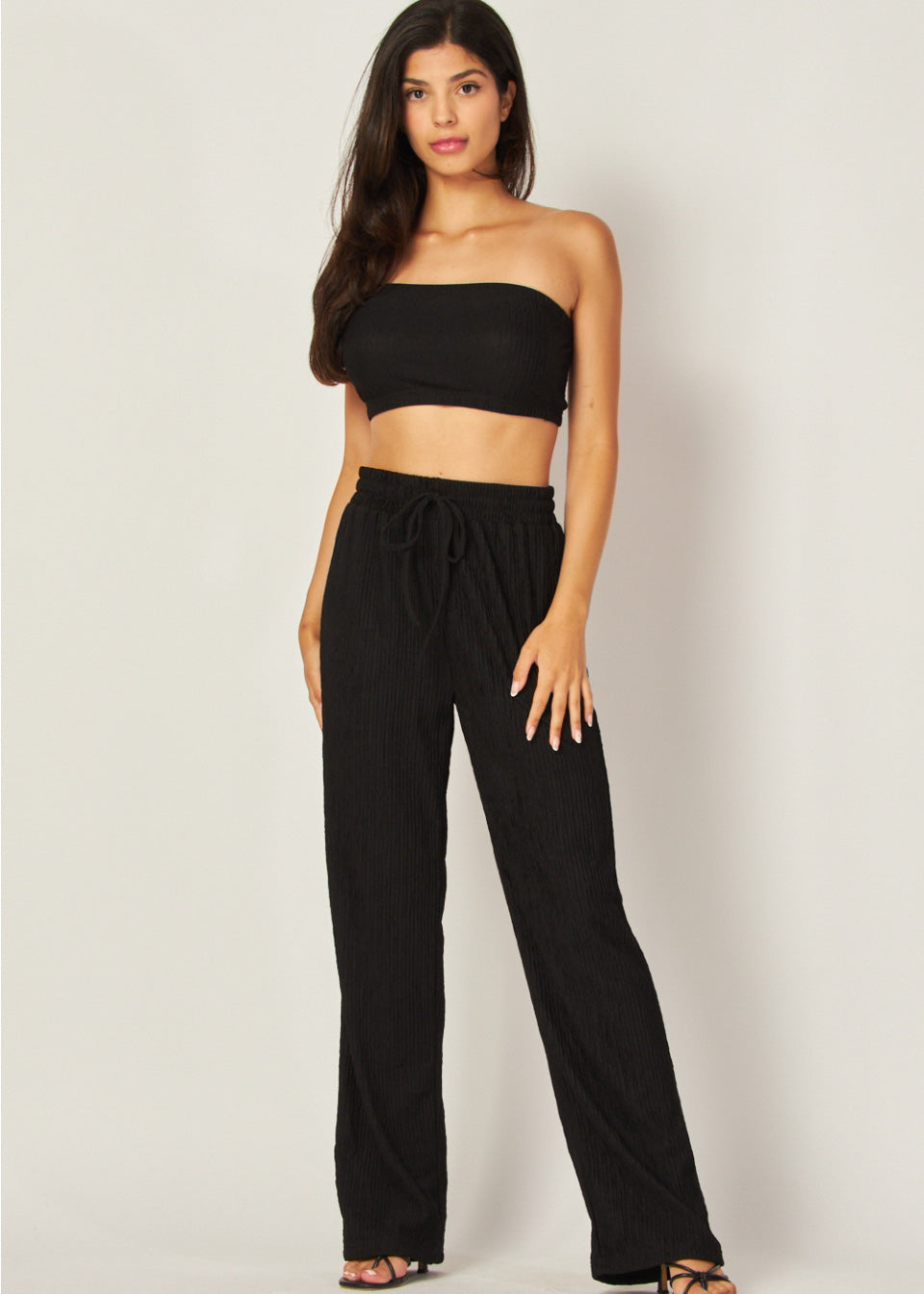 Strapless Cropped Tube Top Wide Leg Pant Set