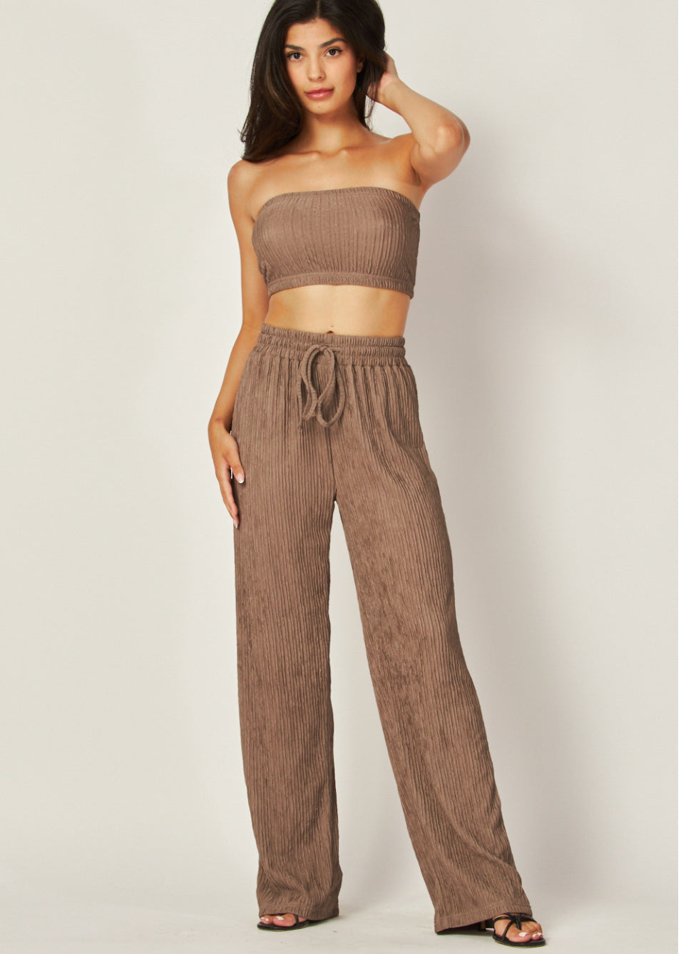 Strapless Cropped Tube Top Wide Leg Pant Set