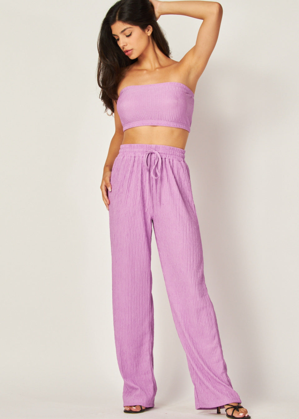 Strapless Cropped Tube Top Wide Leg Pant Set