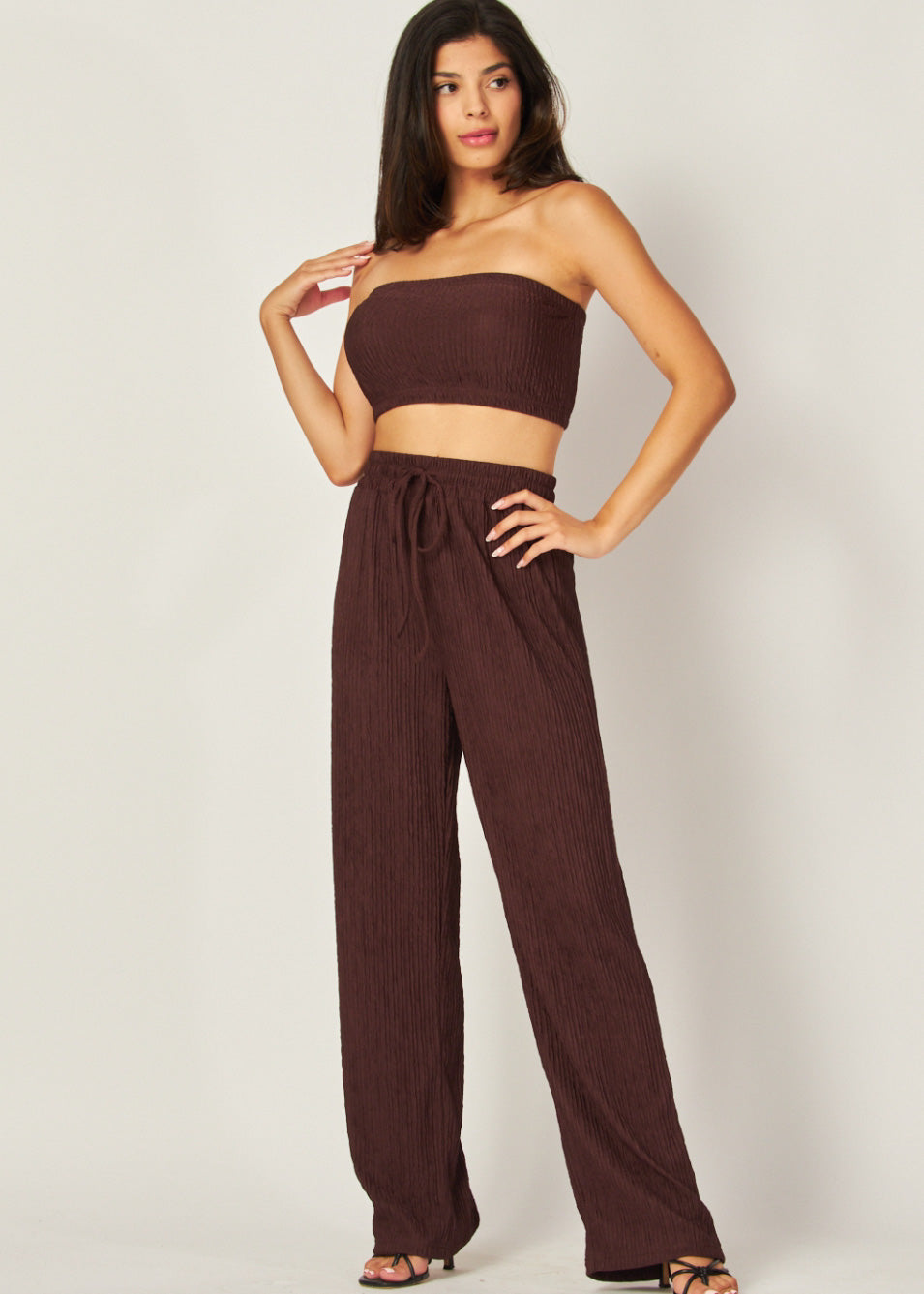 Strapless Cropped Tube Top Wide Leg Pant Set