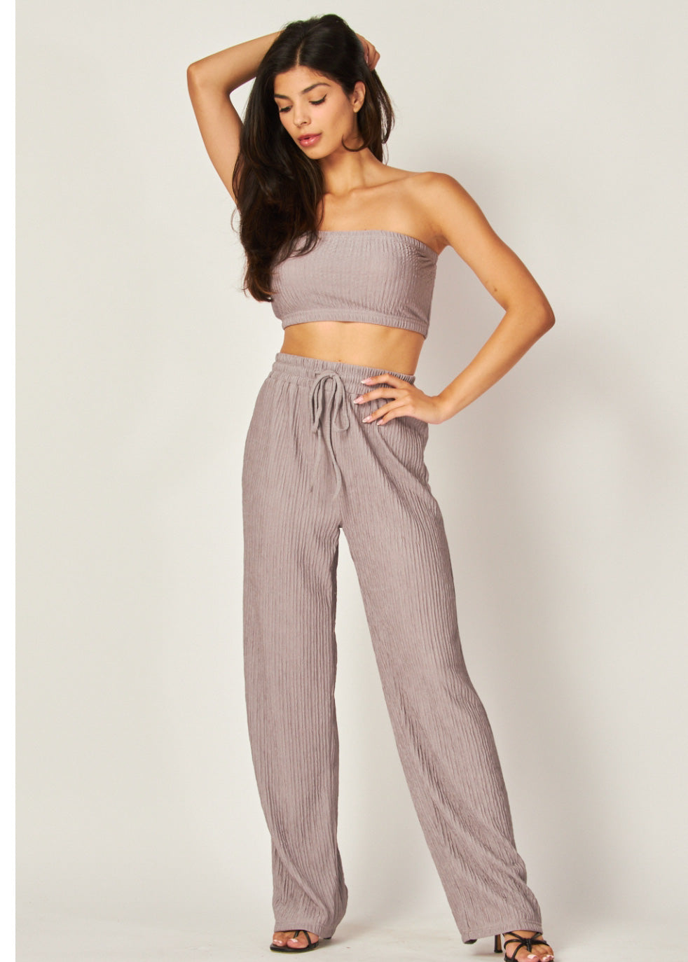 Strapless Cropped Tube Top Wide Leg Pant Set