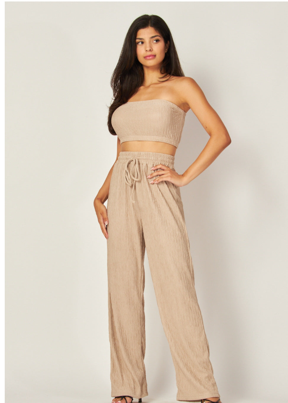 Strapless Cropped Tube Top Wide Leg Pant Set