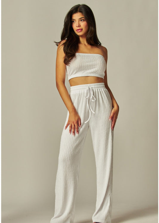 Strapless Cropped Tube Top Wide Leg Pant Set