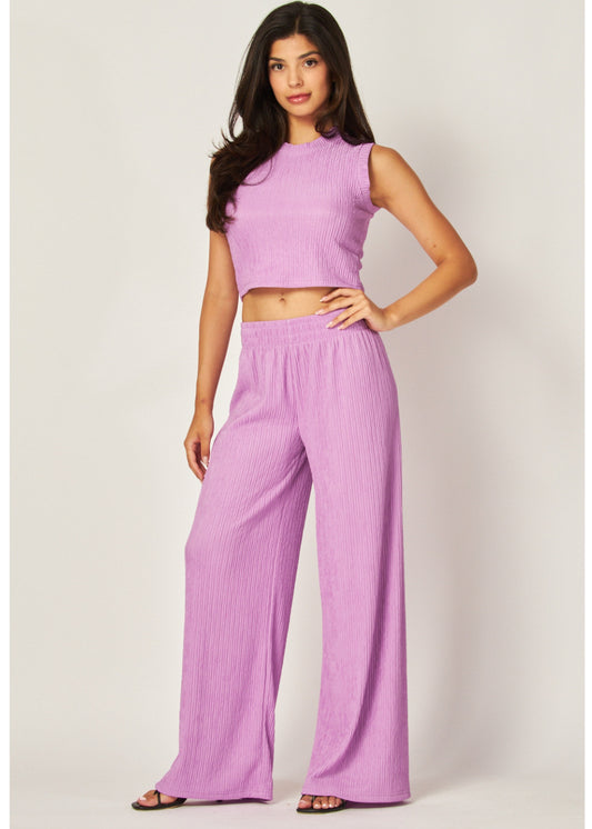 2 PC Set Color Violeta| Tank Top | Elastic waistband pull on wide leg pants