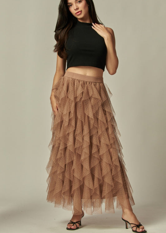 Cheri Ruffled Tulle Midi Skirt