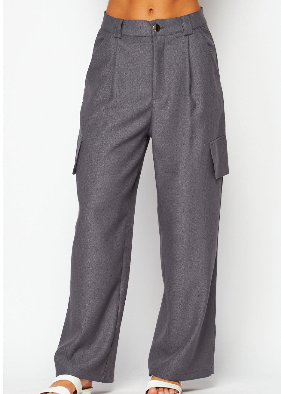 Fabric Cargo Wide-leg Pants | Color Gris