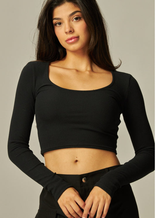 Stretchy Rayon Ribbed Scoop Neck Long Sleeve Top | Color Black