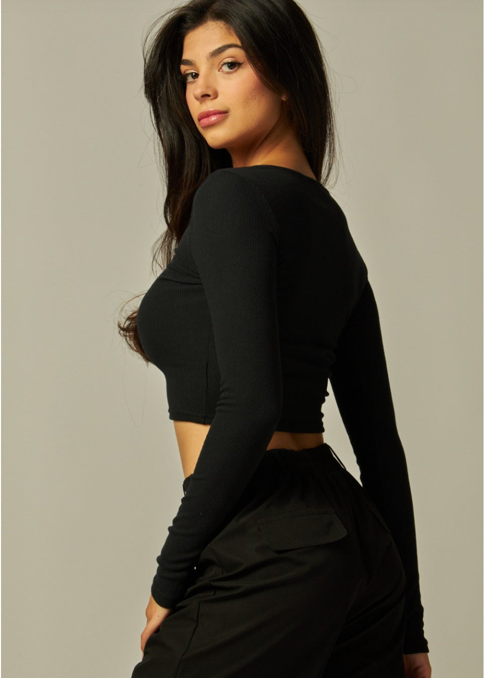 Stretchy Rayon Ribbed Scoop Neck Long Sleeve Top | Color Black