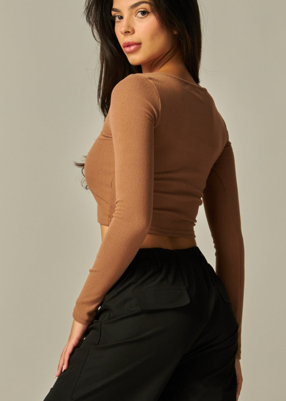 Stretchy Rayon Ribbed Scoop Neck Long Sleeve Top | Color Mocha